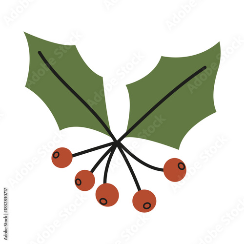 Simple winter branches, sprig of mistletoe. Seasonal nature cartoon doodle element. Botanic winter hand drawn twig for seasonal design and holidays. Vector illustration