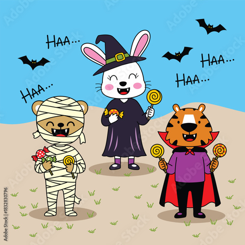 Cute bunny bear and tiger dressed in Halloween costumes holding candies in playful illustration
