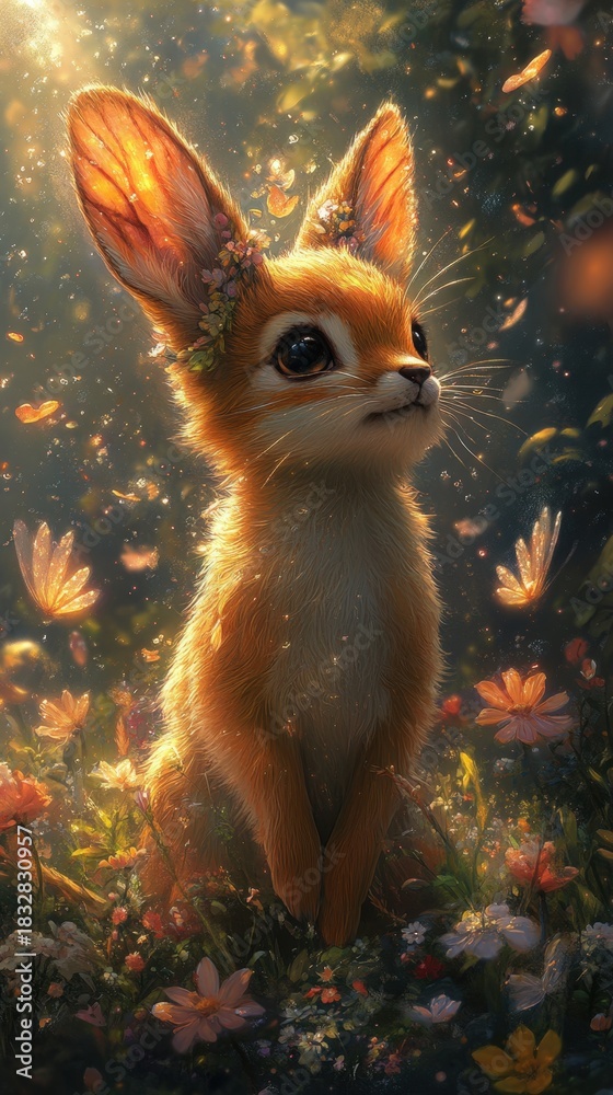 Fototapeta premium A magical fox with luminous orange fur rests in a colorful flower field, bathed in a soft, warm light, creating an enchanting and ethereal scene.