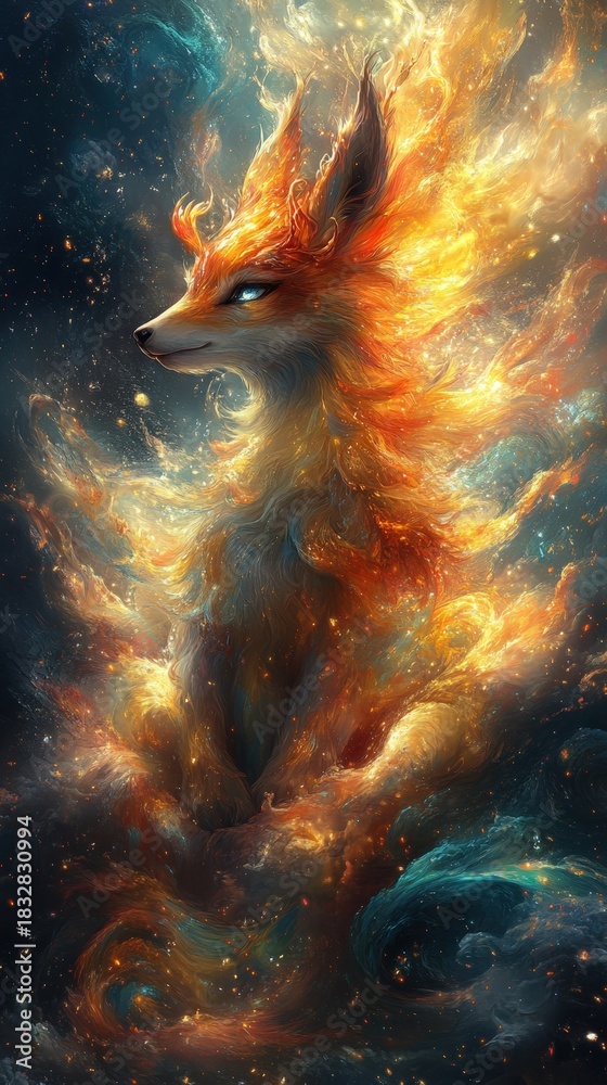 Fototapeta premium A majestic fox, characterized by a fiery mane, is depicted amidst the vast expanse of space. The image conveys a sense of wonder and the unusual combination of a wild animal in a cosmic setting.