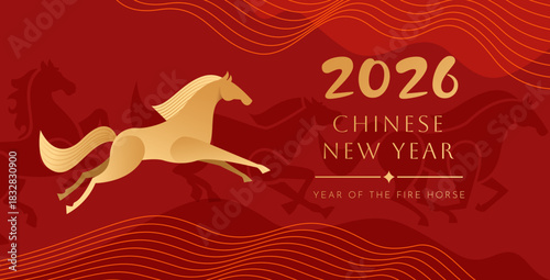 Golden Running Horse Illustration for 2026 Chinese New Year Celebration – Fire Horse Zodiac on Red Luxury Background. Poster Design Vector Illustration 