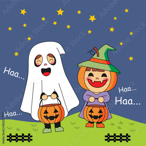 Two playful children dressed as ghost and pumpkin character enjoying Halloween night illustration
