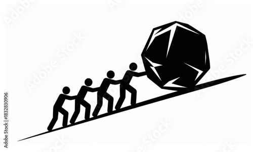Black and white silhouette vector of a team of people pushing a large boulder up a steep hill, symbolizing teamwork, effort, challenge, perseverance, business, and overcoming difficulty