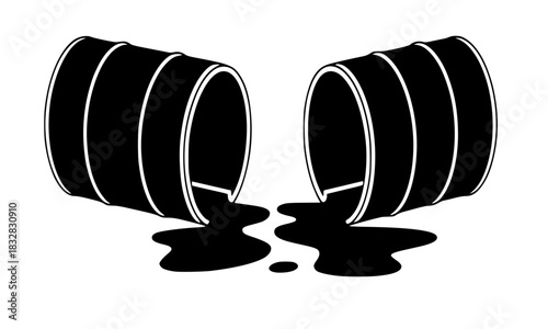 Black and white vector silhouette of two tilted oil barrels spilling crude oil or hazardous waste onto the ground, symbolizing environmental pollution, energy industry, and oil spill disaster, isolate