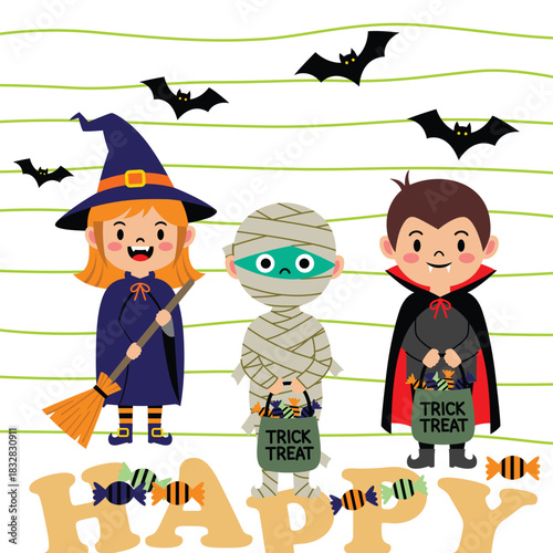 Cute children wearing witch mummy and vampire costumes holding treats in Halloween illustration
