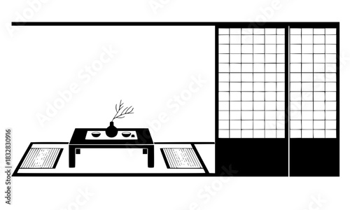 Black and white vector illustration of a traditional Japanese-style room interior with Shoji sliding doors, a low table, and Zabuton floor cushions, representing culture, Zen