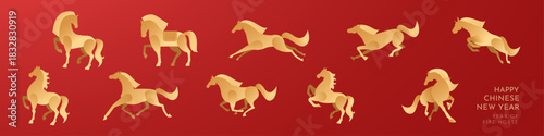 Collection of Golden Running Horses for Chinese New Year 2026 Fire Horse Zodiac on Red Background. Poster Design Vector Illustration.