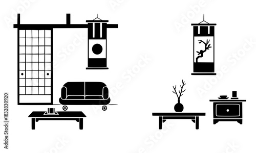 Vector set of traditional and modern Japanese interior elements: Shoji screens, low couch, coffee table, hanging lantern, and side cabinet, representing minimal Asian home decor, culture, and design, 