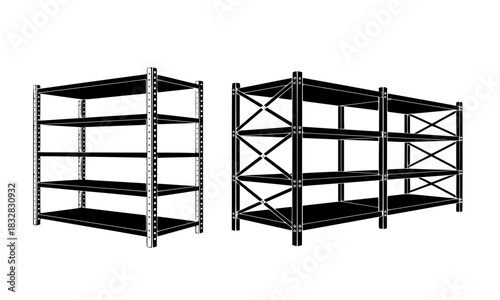 Vector illustration of two types of heavy-duty industrial shelving units in black and white, representing warehouse storage, garage organization, logistics, and retail supply concepts