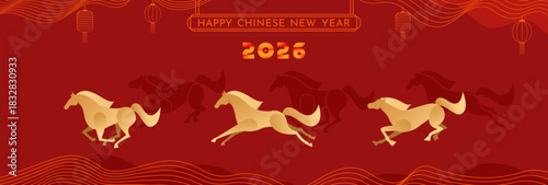 Golden Running Horses Poster Design for Chinese New Year 2026 Fire Horse Celebration on Elegant Red Background. Poster Design Vector Illustration.