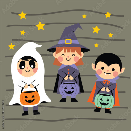 Cute children wearing ghost witch and vampire costumes holding pumpkin buckets in Halloween illustration
