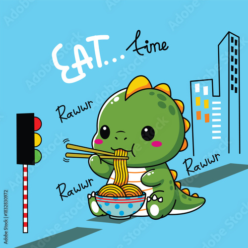 Cute dinosaur eating noodles near city buildings with playful children illustration
