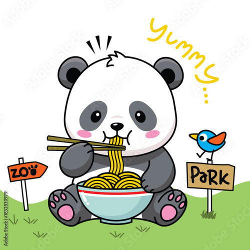 Cute panda eating noodles in small park area with simple children illustration
