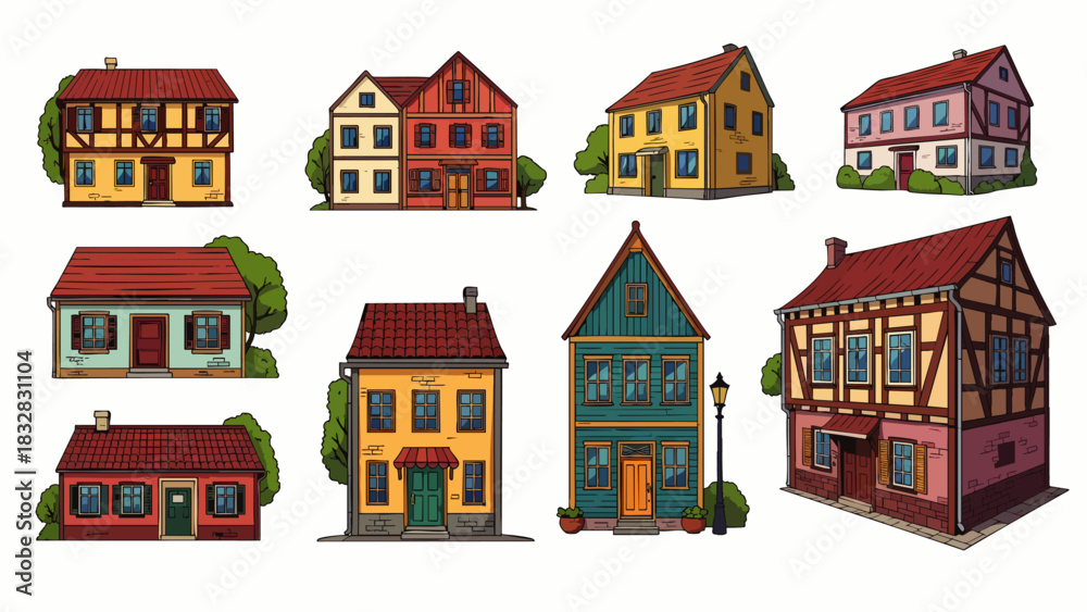 Fototapeta premium A charming collection of diverse cartoon houses, featuring traditional European architecture and vibrant colors, perfect for whimsical design projects.