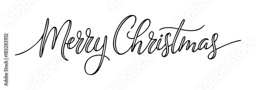 Elegant black calligraphy script saying Merry Christmas handwritten with flourish for seasonal greeting cards or holiday invitations used for winter celebration announcements