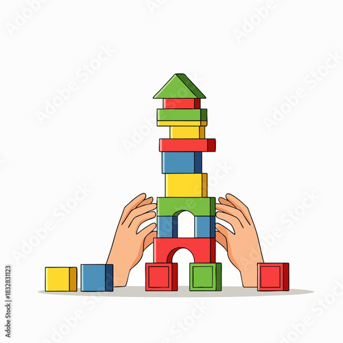 A pair of human hands meticulously stacks vibrant wooden toy blocks, forming an impressive, unstable tower against a clean white background.