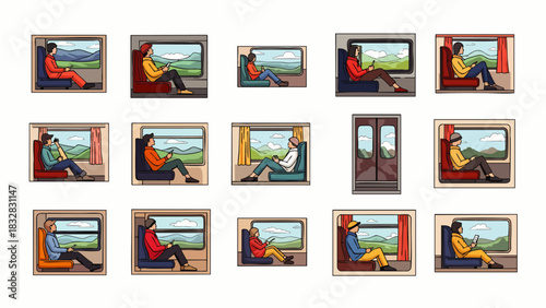 An assortment of stylized illustrations showcasing various passengers engaged in comfortable train travel, enjoying the scenic views from their window seats.