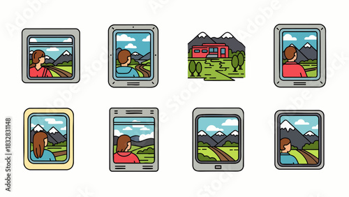 A collection of colorful vector icons depicting various scenic views from a window, featuring mountains, roads, and travelers enjoying picturesque journeys.