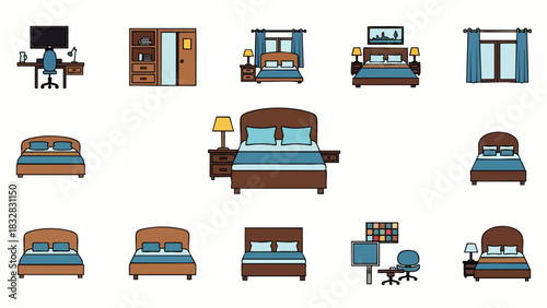 A comprehensive collection of flat design vector icons showcasing various bedroom furniture, home office setups, and interior elements for modern living spaces.