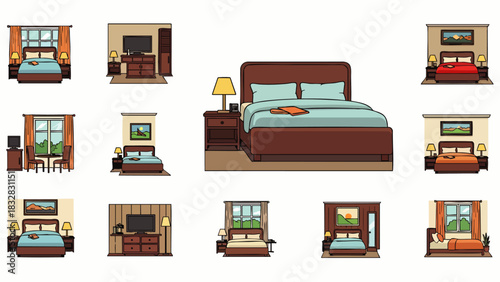 A charming collection of pixel art bedroom interiors, showcasing various furniture arrangements and cozy designs perfect for retro game environments.