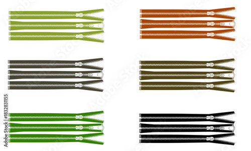 Collection of six-pack zippers in various colors like green, olive, brown, black, and gray, sewing fasteners for clothing, bags, and accessories, isolated on white background, design element.