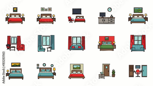 An extensive pixel art icon collection featuring various bedroom furniture, layouts, and decorative items, perfect for digital design and gaming assets.