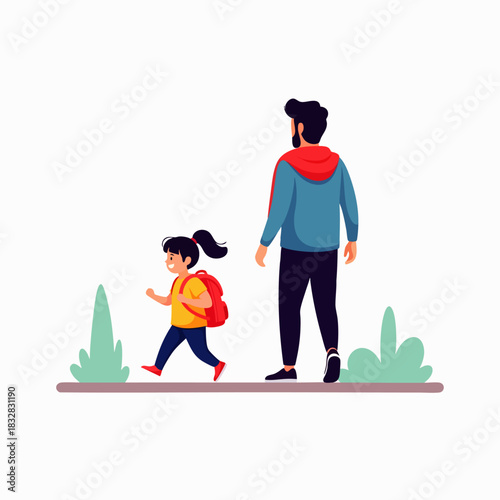 A loving parent accompanies their happy child, wearing a backpack, on a journey, illustrating educational support and family bonding.