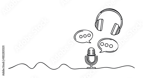 Podcast concept with microphone headphones and speech bubbles showing conversation for audio content creation and broadcasting ideas for media projects