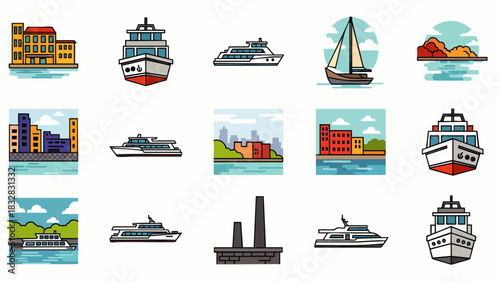 Vibrant flat design vector icons illustrate diverse water transport, including ships, boats, and ferries, against charming coastal and urban landscapes.