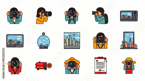 This vibrant collection of photography and travel-themed icons beautifully illustrates the essence of urban exploration and creative content creation.