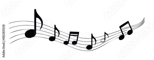 Musical notes flowing along a curved staff, perfect for representing melody, rhythm, and the joy of music in various media projects.