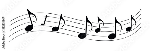 Musical notes flowing across a staff represent the joy of melody and rhythm, ideal for music promotions and creative projects.