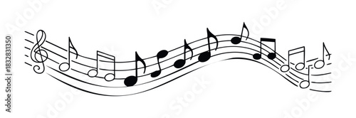 Musical notes flow across a staff line conveying rhythm and melody for audio content creation and musical education visuals