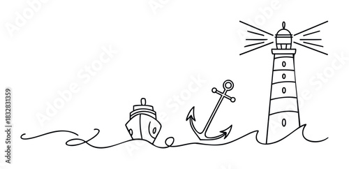 Nautical theme with a ship, anchor, and lighthouse on waves, perfect for maritime adventure or travel related media projects.