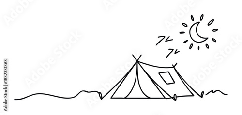 Simple line drawing of a tent and moon with stars conveys camping and nighttime adventure, perfect for travel blogs and outdoorsy themes.