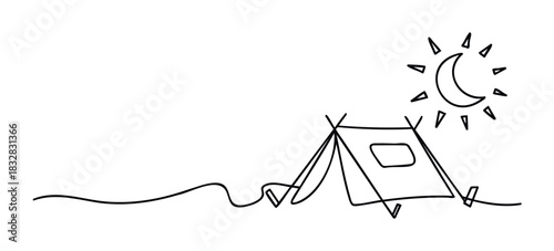 Simple continuous line drawing of a tent set up under a crescent moon with sun rays, perfect for camping and outdoor adventure themes.