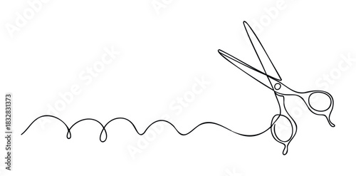 Minimalist single line drawing of open scissors cutting through a wavy thread, perfect for grooming or tailoring concepts and visual branding.