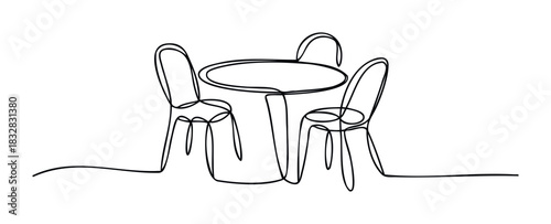 Minimalist line art depiction of a round table with three chairs, perfect for use in modern interior design and concept visualization projects