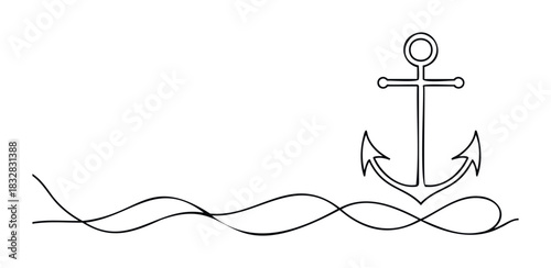 Nautical anchor graphic with flowing sea wave line symbolizing adventure and ocean travel, perfect for maritime themes and coastal branding projects