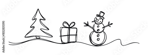 Simple line drawing of a Christmas tree, gift box, and snowman on snow for festive holiday greetings and seasonal promotions
