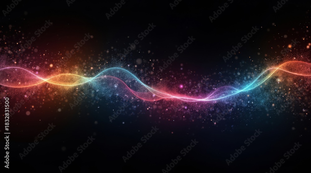 Obraz premium Colorful intertwined light waves with floating particles on dark background, creating vibrant abstract motion and energy design.