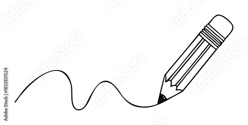 Simple line drawing of a pencil with an eraser creating a wavy line to represent writing or drawing for educational or creative purposes.