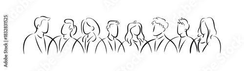 Group portrait of diverse people standing together, abstract line drawing representing teamwork and community, perfect for corporate materials or social cause campaigns.