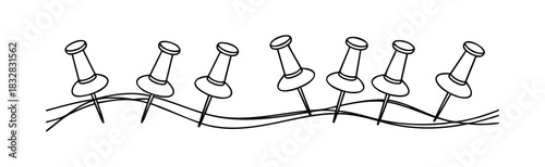 Black and white line drawing of a row of push pins securing a wavy line, perfect for office, stationery, or creative projects.