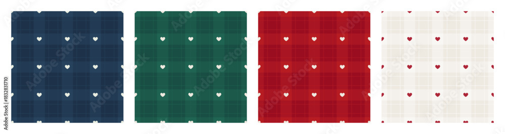 Fototapeta premium Set of checkered pattern with tiny white hearts. Plaid seamless backgrounds. Vintage gift wrapping paper for Christmas and holidays. Tartan plaid fabric. Vector illustration backdrop collection