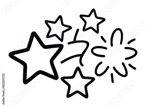 Hand drawn black stars and abstract burst elements conveying celebration, fun, and excitement for party and event themes.