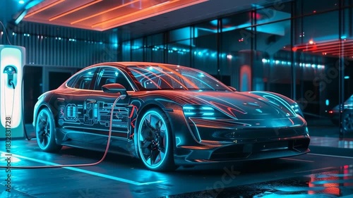 Charging battery of beautiful hybrid electric car on road