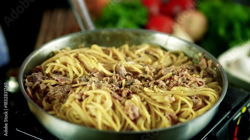 Italian pasta recipe. Traditional homemade pasta carbonara cooking