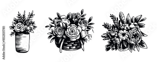Set of three hand drawn floral bouquets in a vase and basket perfect for greeting cards, invitations, or event decorations.