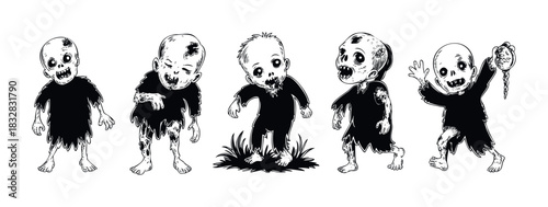 Set of creepy little zombie children with tattered clothes and vacant stares in a Halloween horror theme, perfect for spooky seasonal promotions and macabre visual storytelling.
